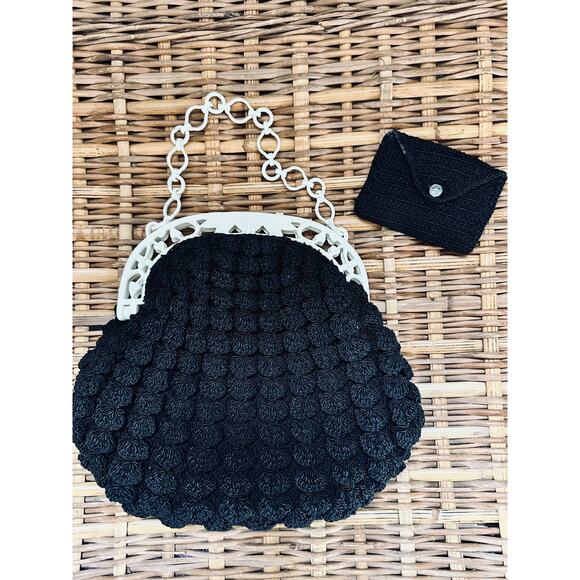 Vintage 40-50s Popcorn Crochet Woven Evening Bag Celluloid Strap Retro Dainty - Picture 2 of 8
